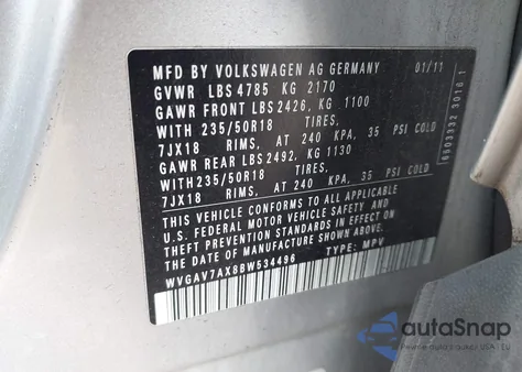 2011 Volkswagen Tiguan Se из США, поврежденный, VIN WVGAV7AX8BW534496